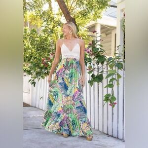 Miss June Paris Crochet Halter Vibrant Floral Maxi Dress